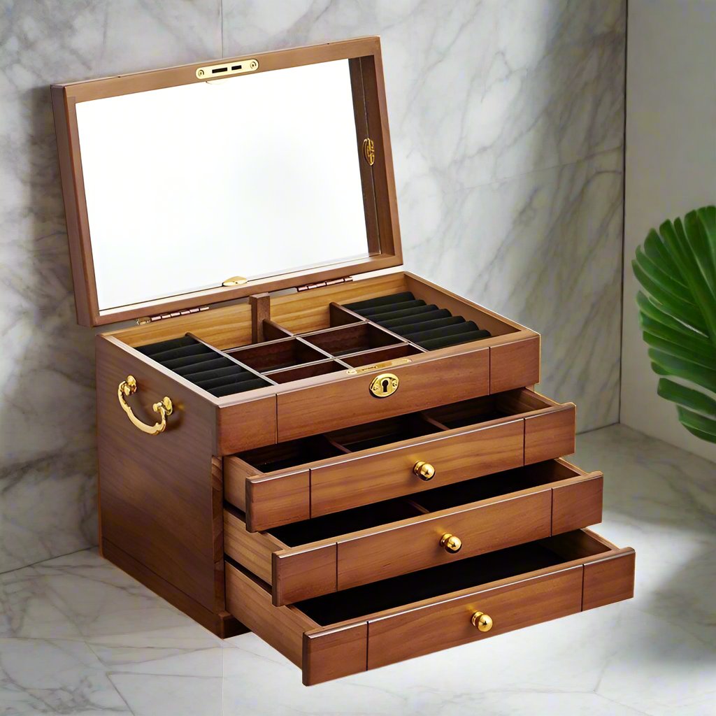 Large Capacity Solid Wood Jewelry Box – Multi-Layer & Full Lock Design