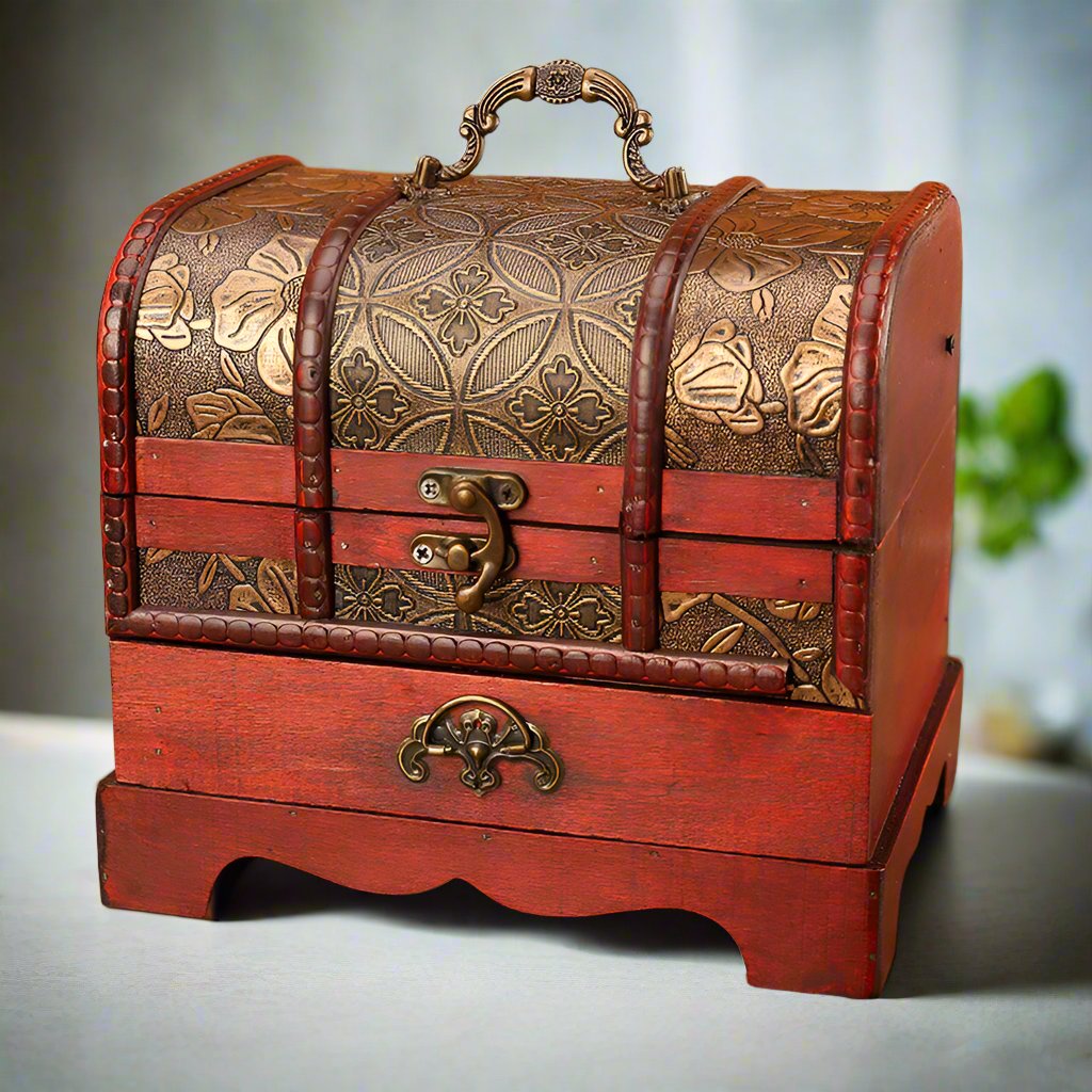 Antique Wooden Jewelry Box with Drawers