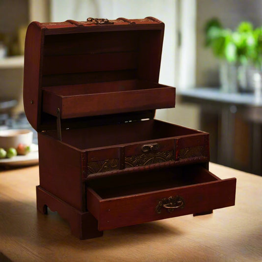 Antique Wooden Jewelry Box with Drawers