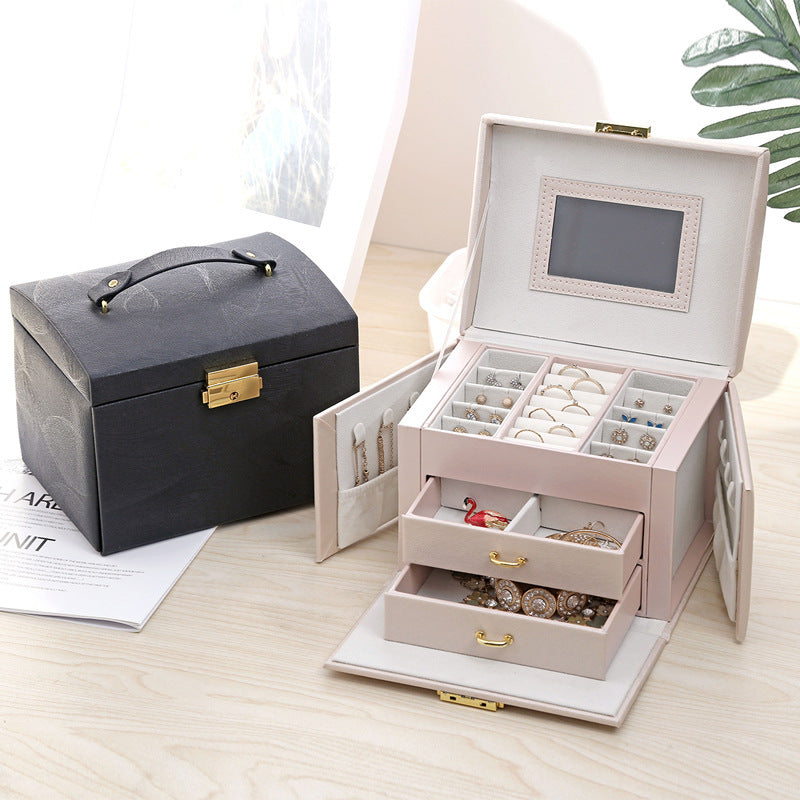 Three-Layer Leather Jewelry Box with Lock